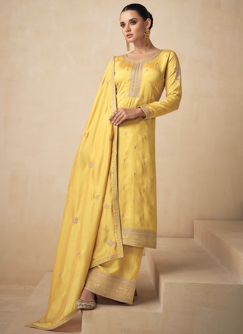 Salwar Suit Silk Yellow Embroidered Salwar Kameez