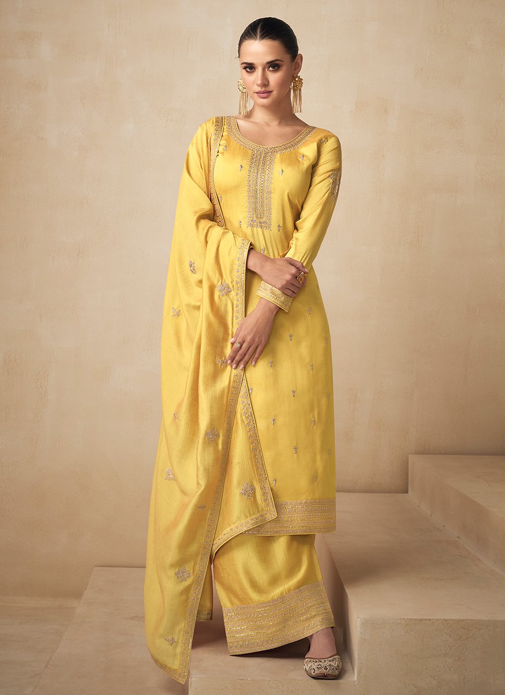 Salwar Suit Silk Yellow Embroidered Salwar Kameez