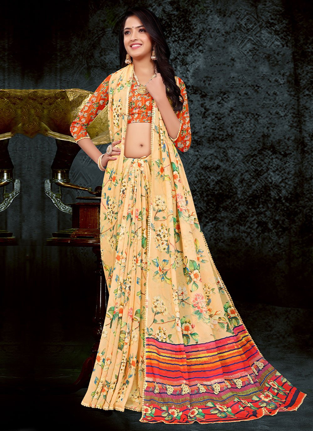 Classic Weight Less Yellow Floral Patch Saree