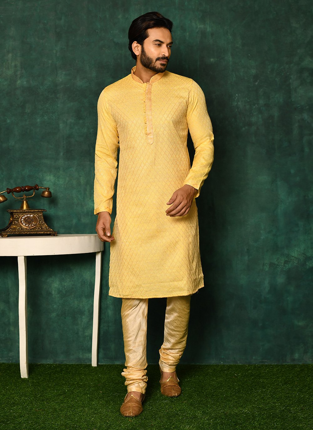 Kurta Pyjama Art Silk Yellow Woven Mens