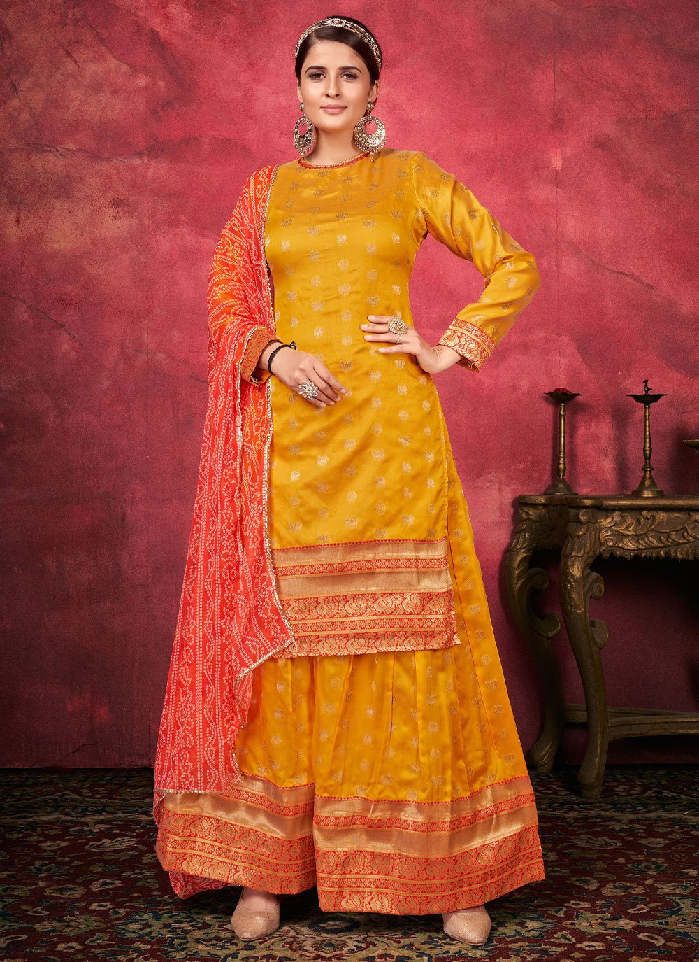 Salwar Suit Art Silk Yellow Woven Salwar Kameez