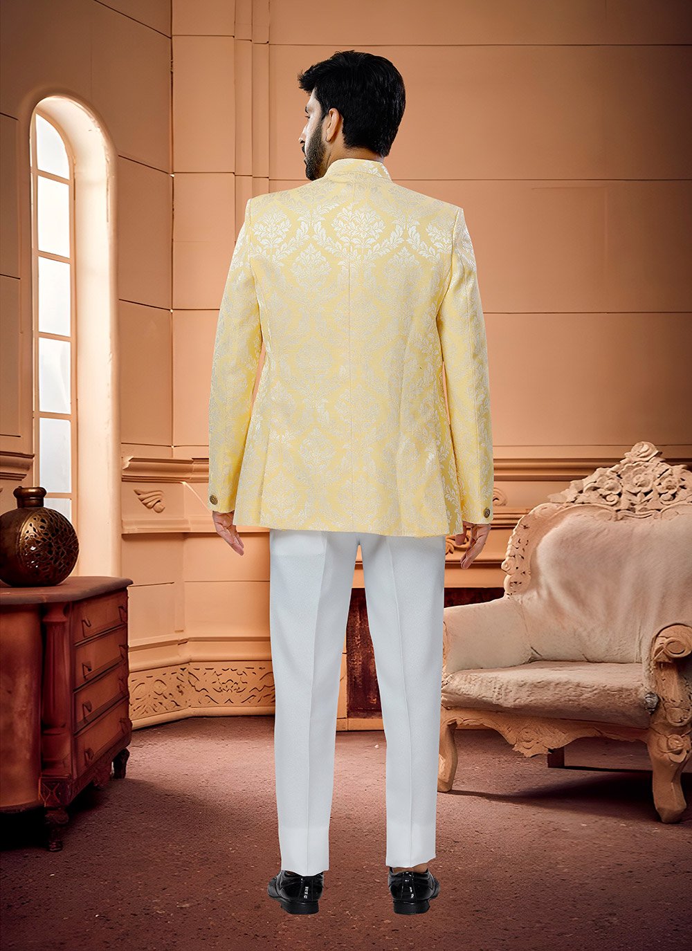 Jodhpuri Suit Jacquard Yellow Woven Mens Kajols Indian Pakistani Fashion Tailoring