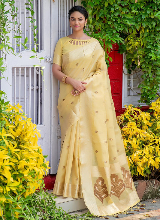 Trendy Saree Linen Tissue Yellow Woven Saree