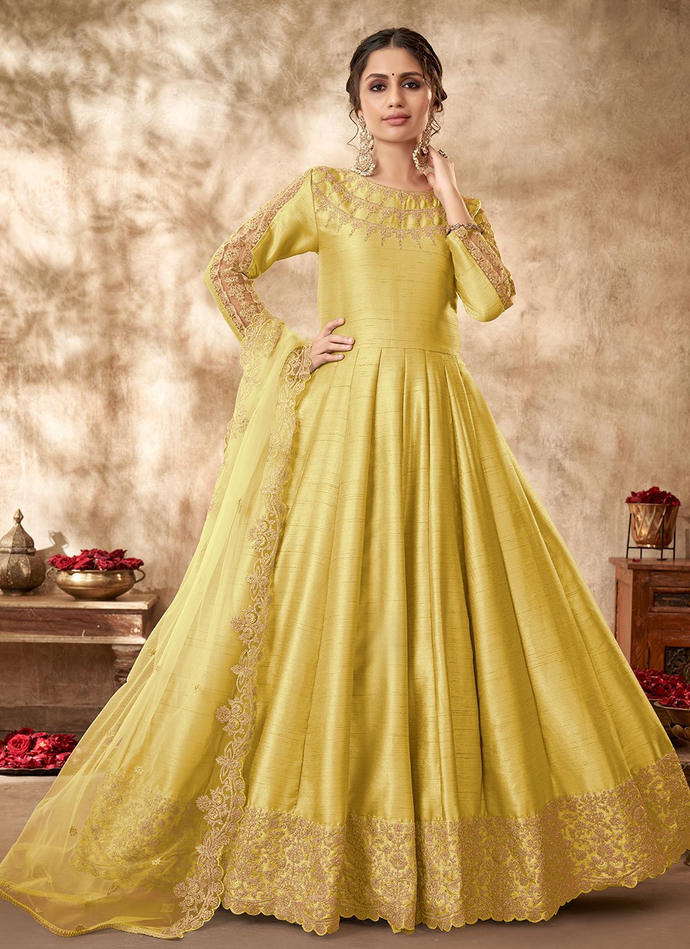 Trendy Suit Art Silk Yellow Embroidered Salwar Kameez