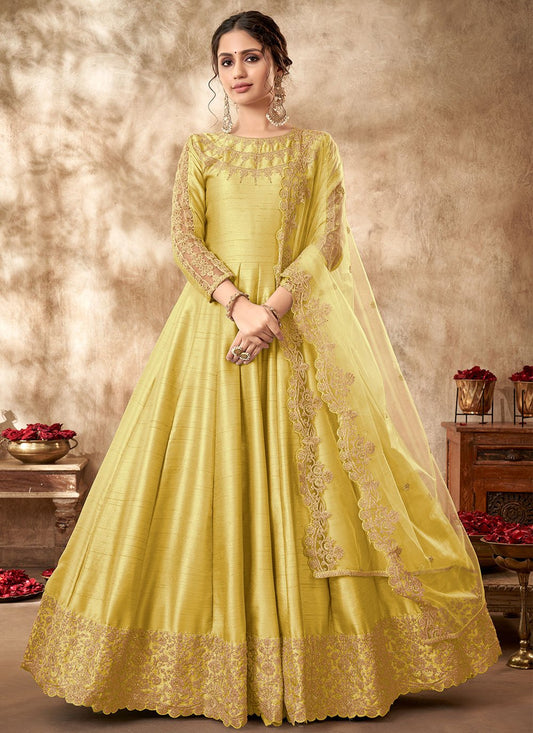 Trendy Suit Art Silk Yellow Embroidered Salwar Kameez