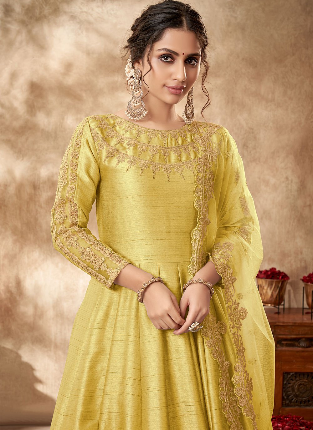 Trendy Suit Art Silk Yellow Embroidered Salwar Kameez