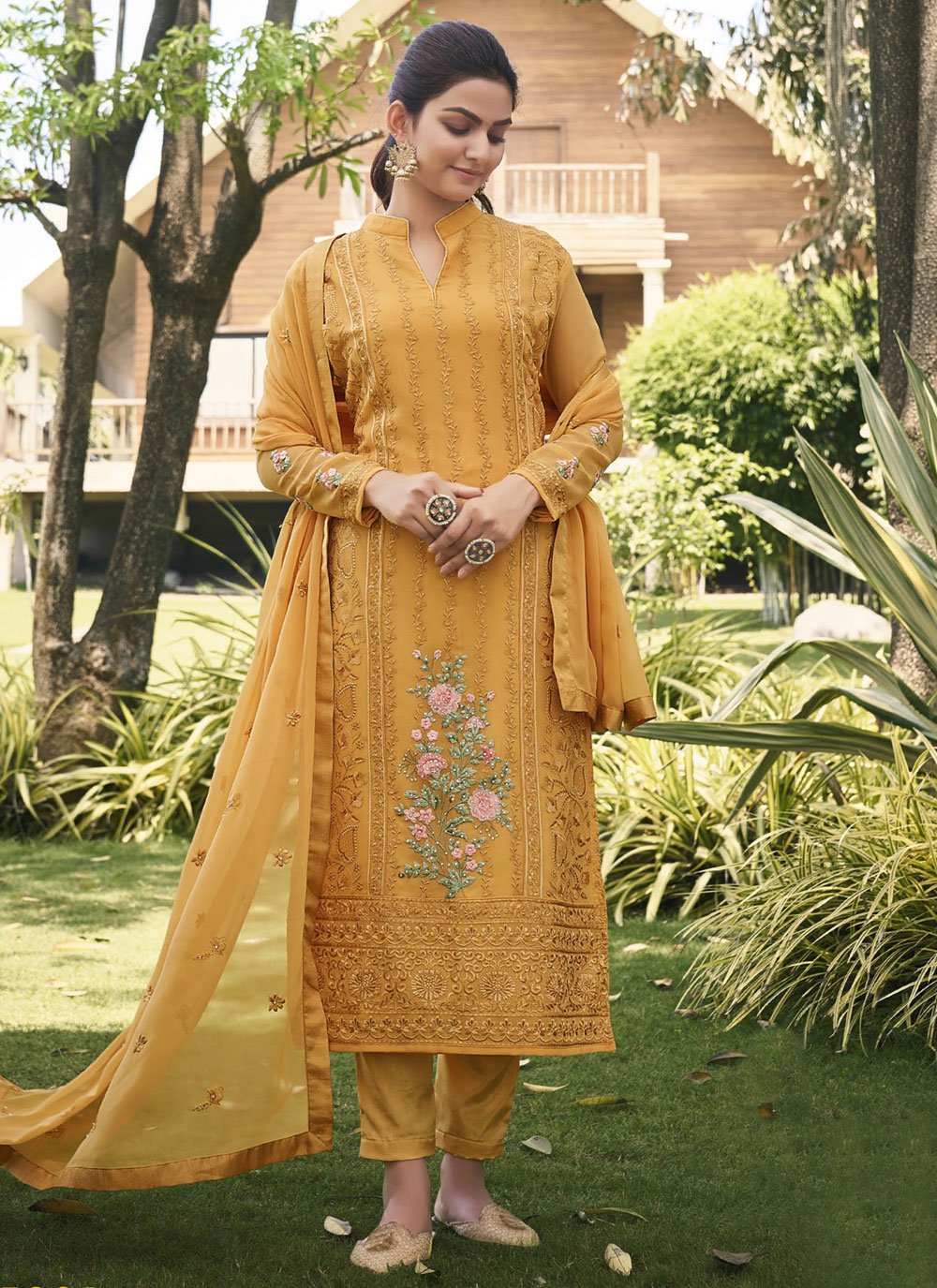 Pakistani Salwar Suit Georgette Yellow Diamond Salwar Kameez