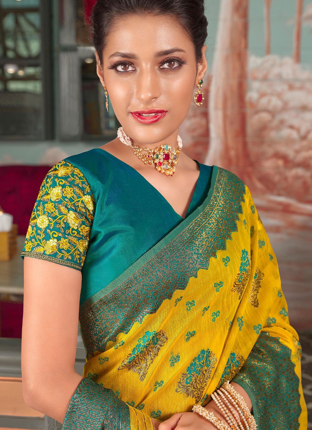 Classic Organza Yellow Embroidered Saree