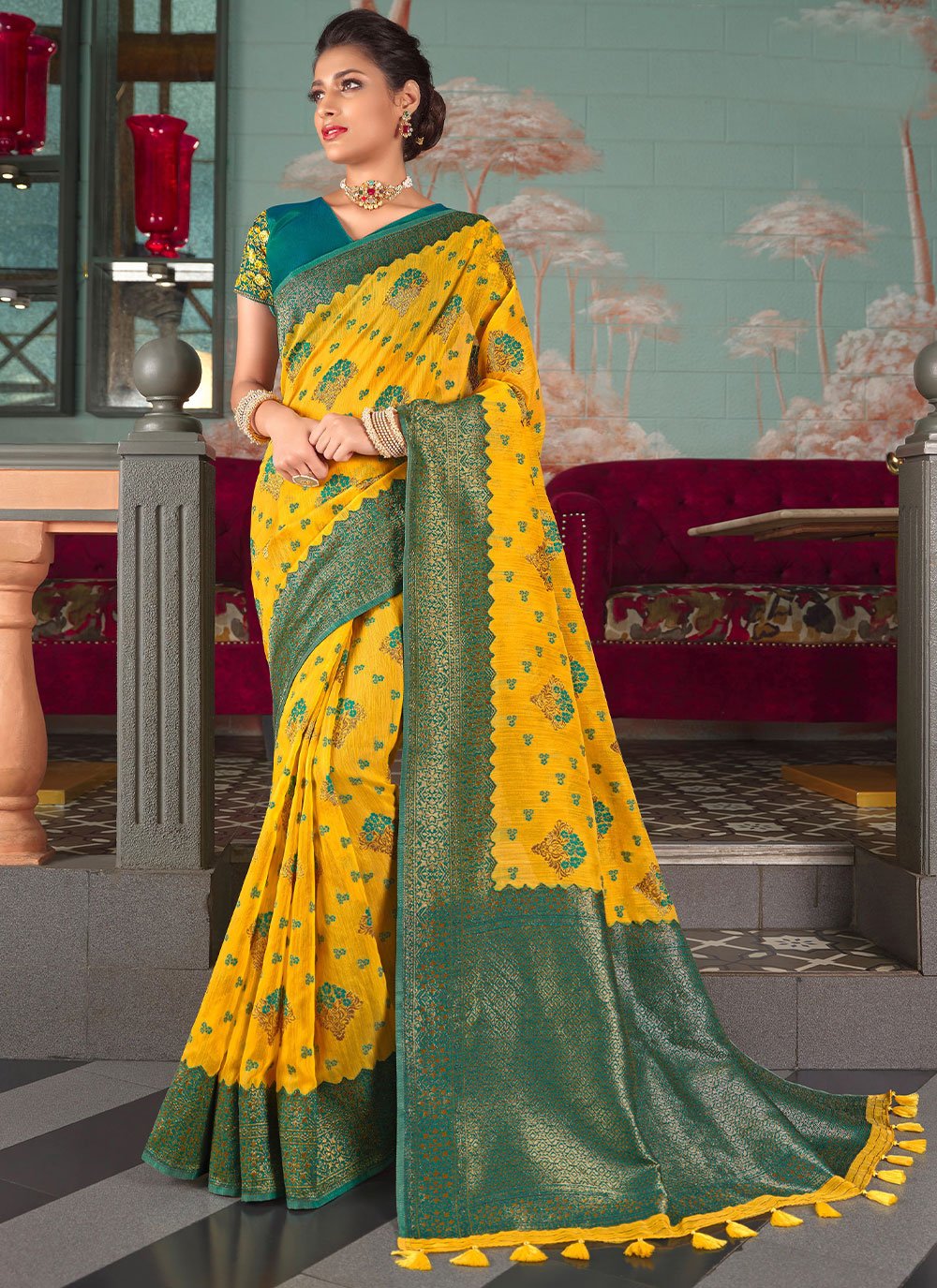 Classic Organza Yellow Embroidered Saree