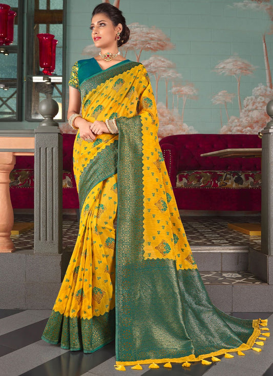 Classic Organza Yellow Embroidered Saree