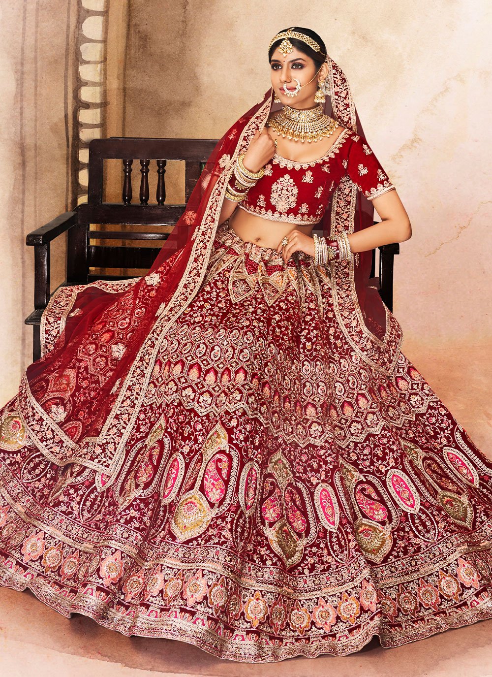 A Line Lehenga Velvet Maroon Dori Work Lehenga Choli