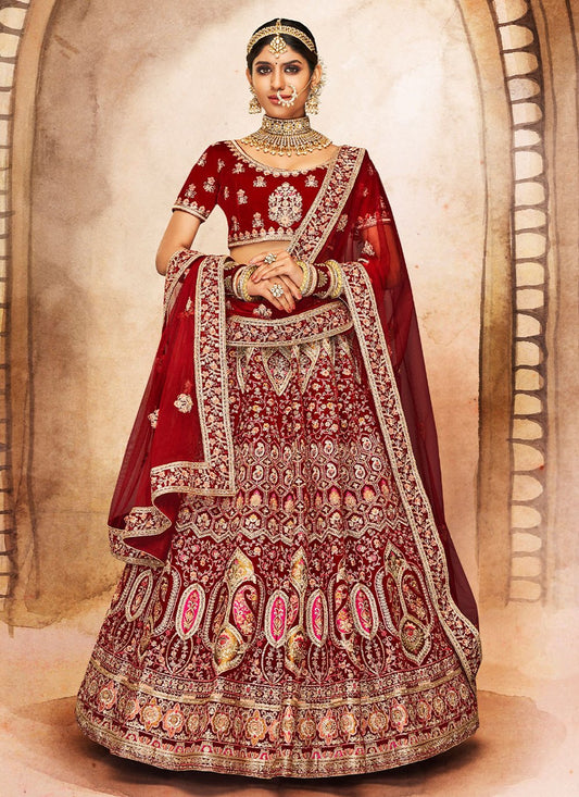 A Line Lehenga Velvet Maroon Dori Work Lehenga Choli