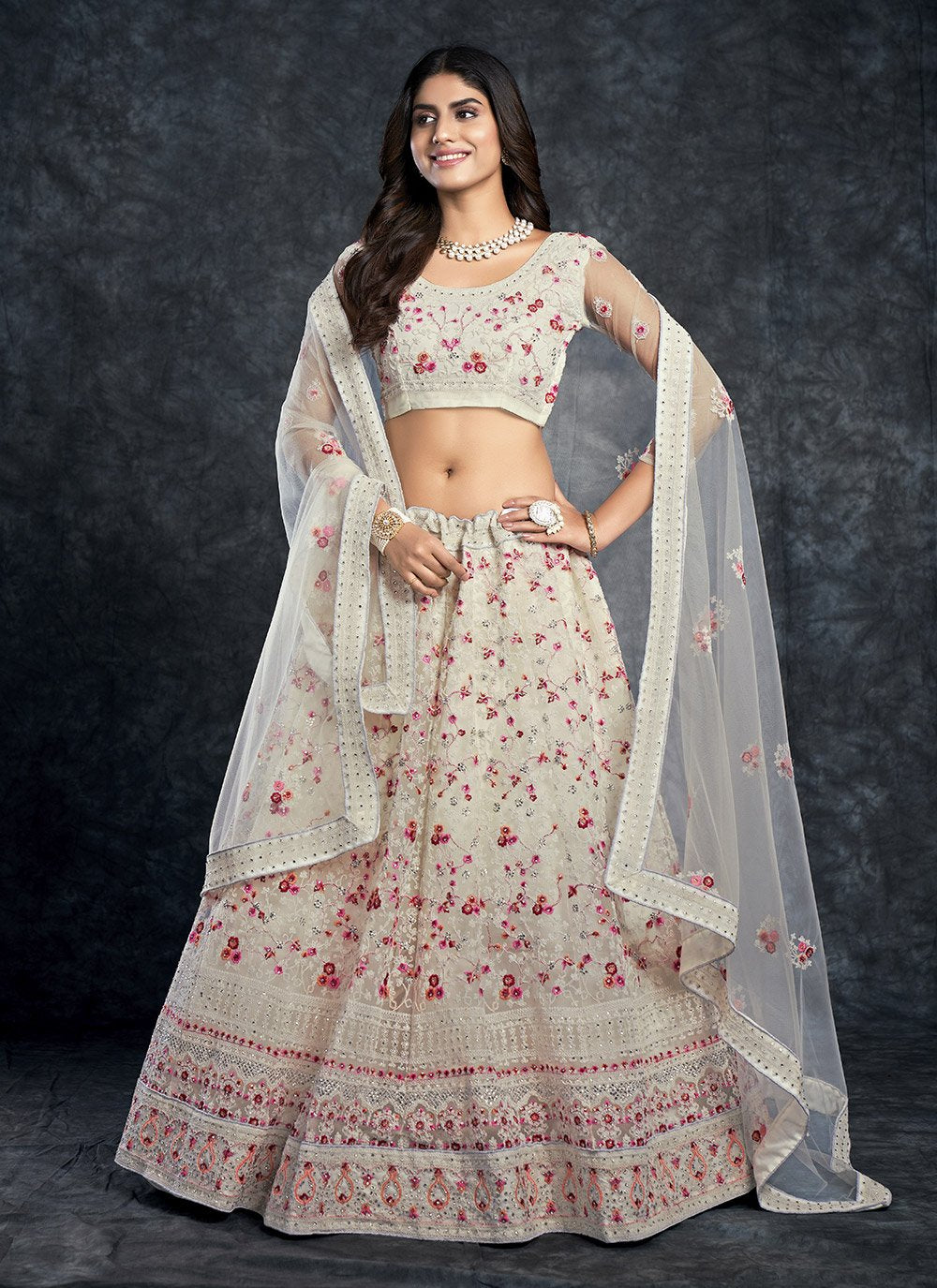 A Line Lehenga Silk White Dimond Lehenga Choli