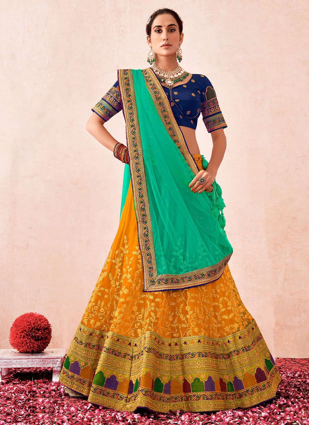 A Line Lehenga Net Multi Colour Embroidered Lehenga Choli