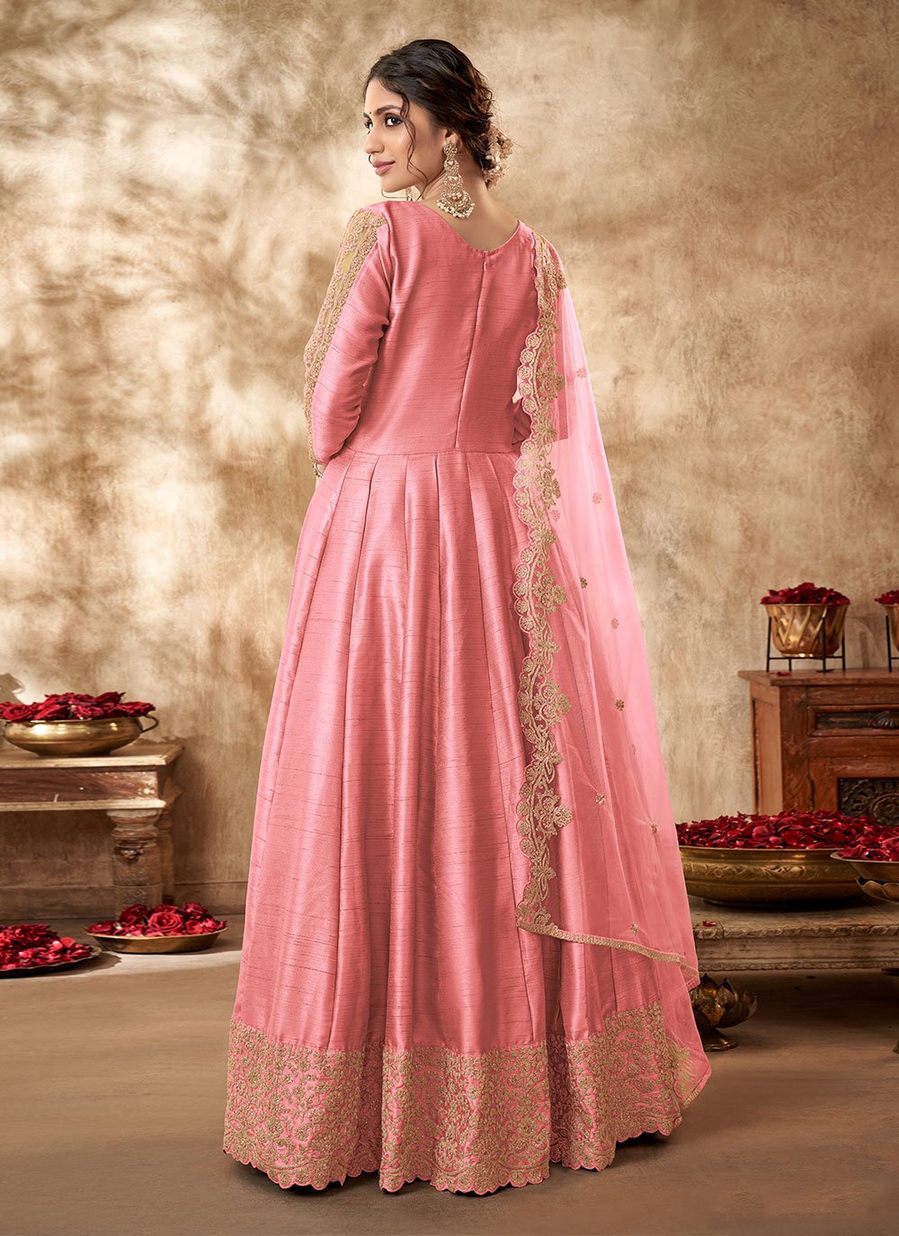 Anarkali Suit Art Silk Pink Embroidered Salwar Kameez