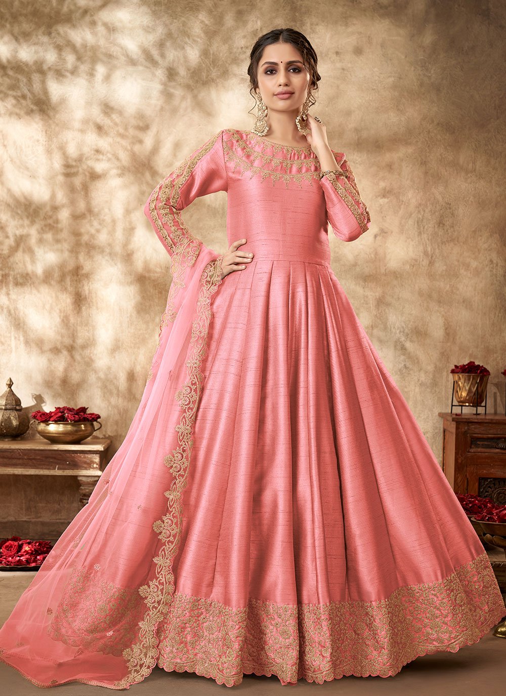 Anarkali Suit Art Silk Pink Embroidered Salwar Kameez