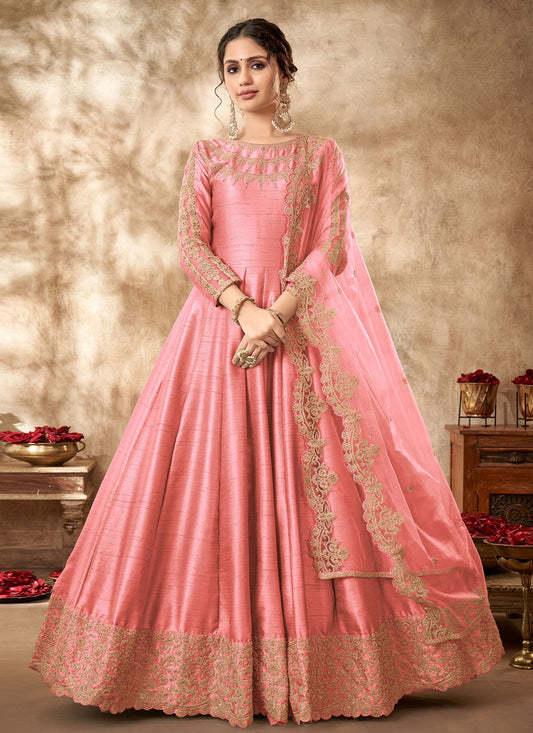 Anarkali Suit Art Silk Pink Embroidered Salwar Kameez