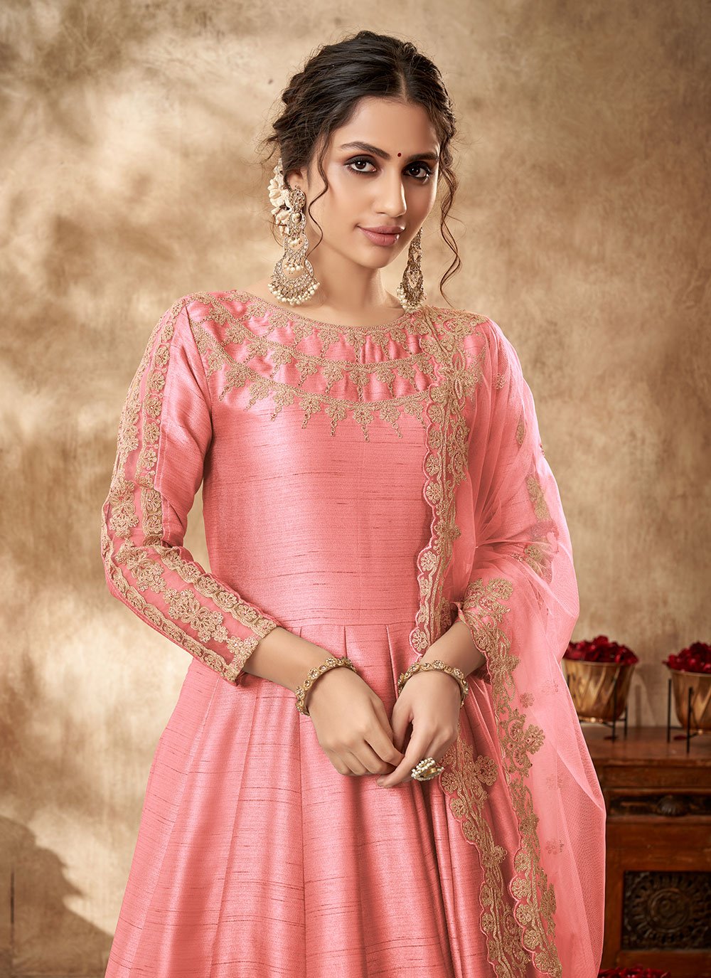 Anarkali Suit Art Silk Pink Embroidered Salwar Kameez