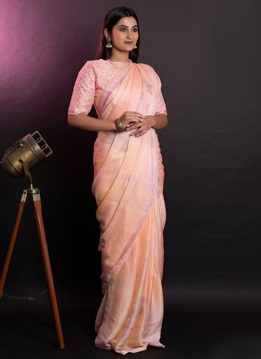 Contemporary Chiffon Peach Patch Border Saree