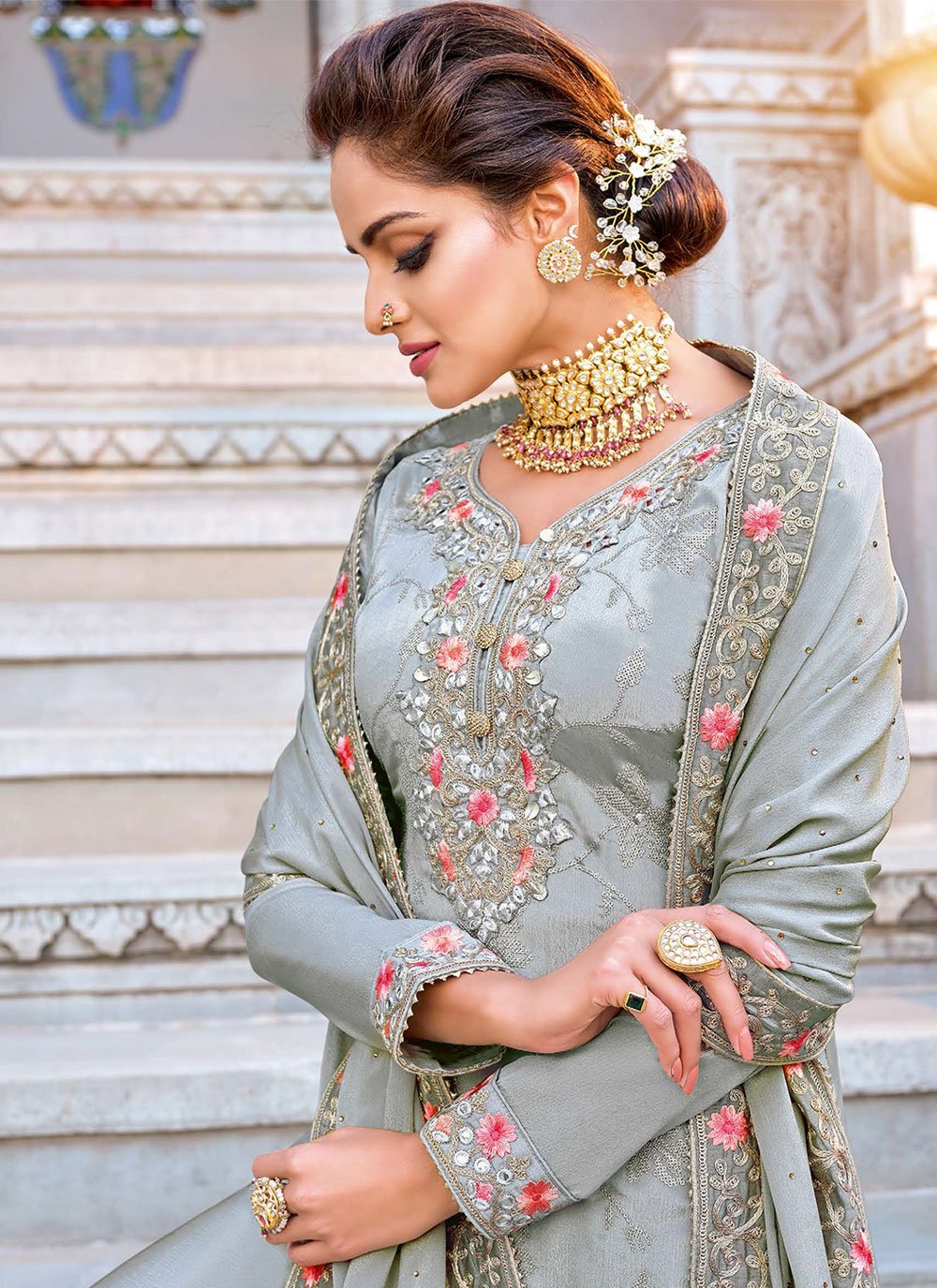 Palazzo Salwar Suit Chinon Grey Embroidered Salwar Kameez