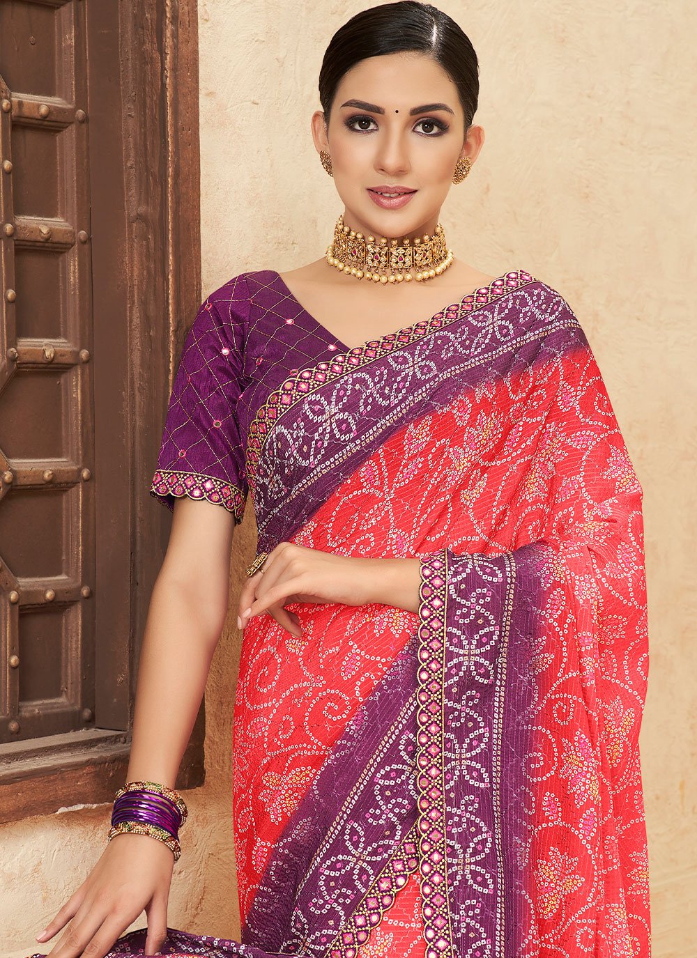 Trendy Saree Chinon Pink Bandhej Saree