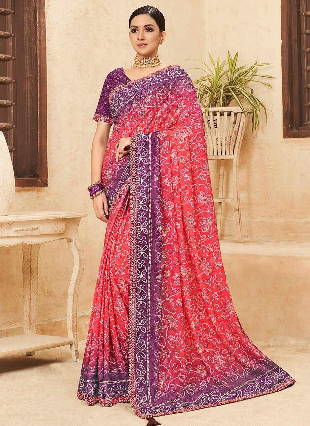 Trendy Saree Chinon Pink Bandhej Saree