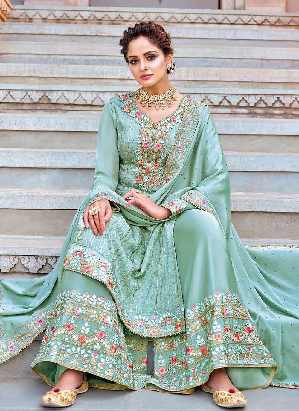 Salwar Suit Chinon Sea Green Embroidered Salwar Kameez