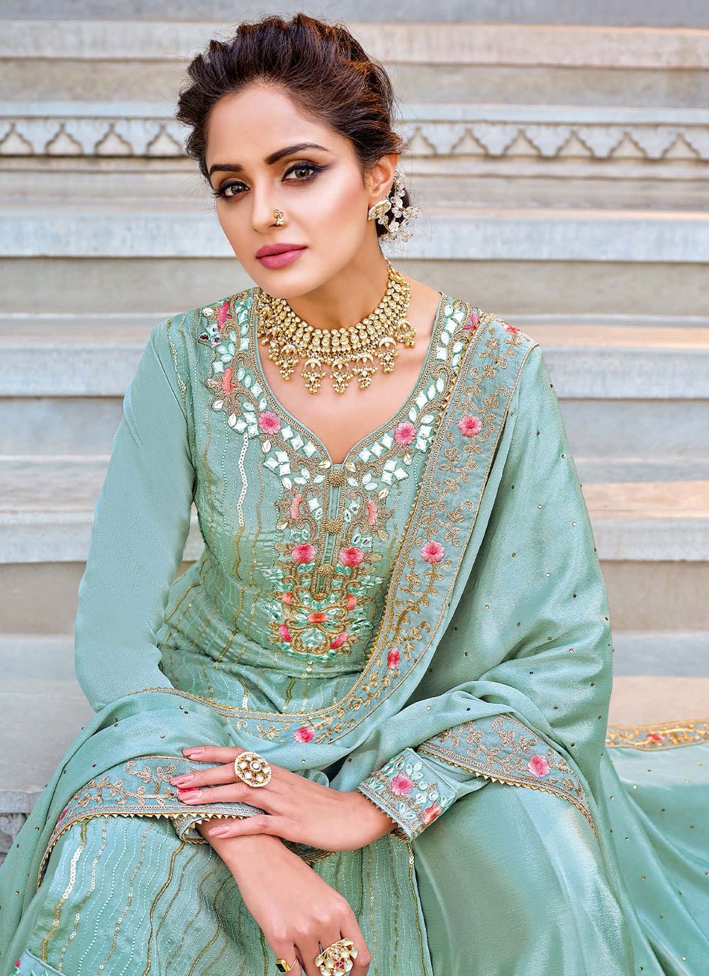 Salwar Suit Chinon Sea Green Embroidered Salwar Kameez