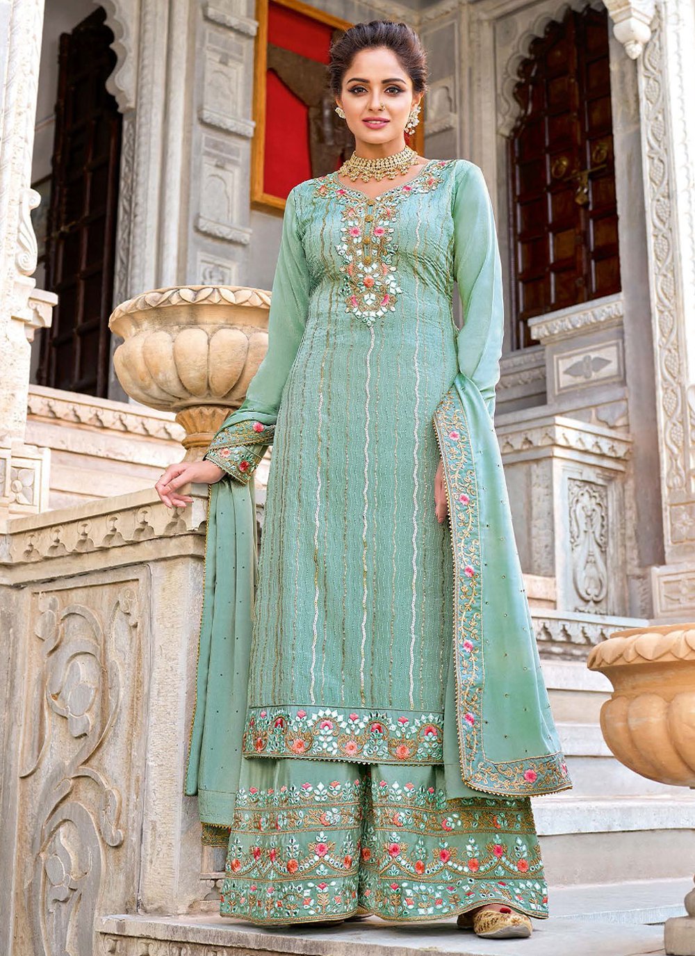 Salwar Suit Chinon Sea Green Embroidered Salwar Kameez