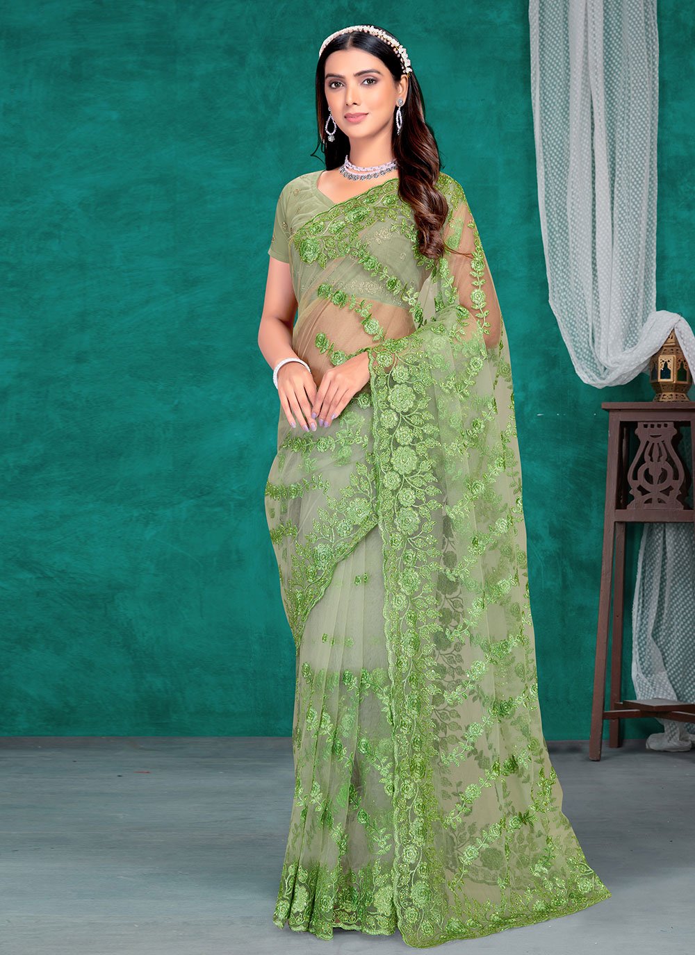 Classic Net Green Embroidered Saree