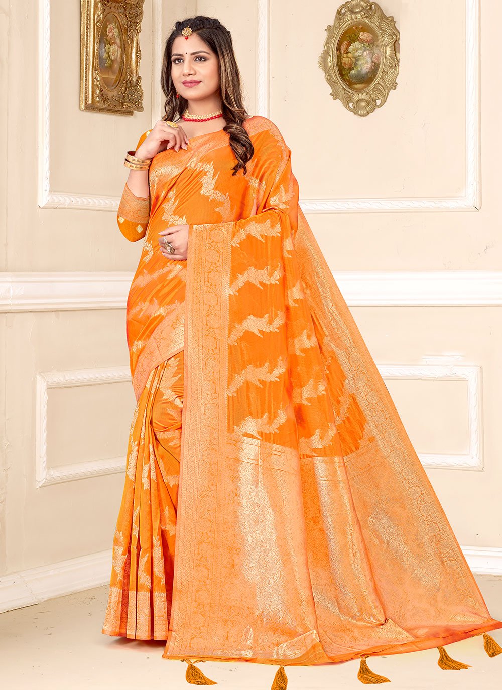 Classic Organza Orange Zari Saree