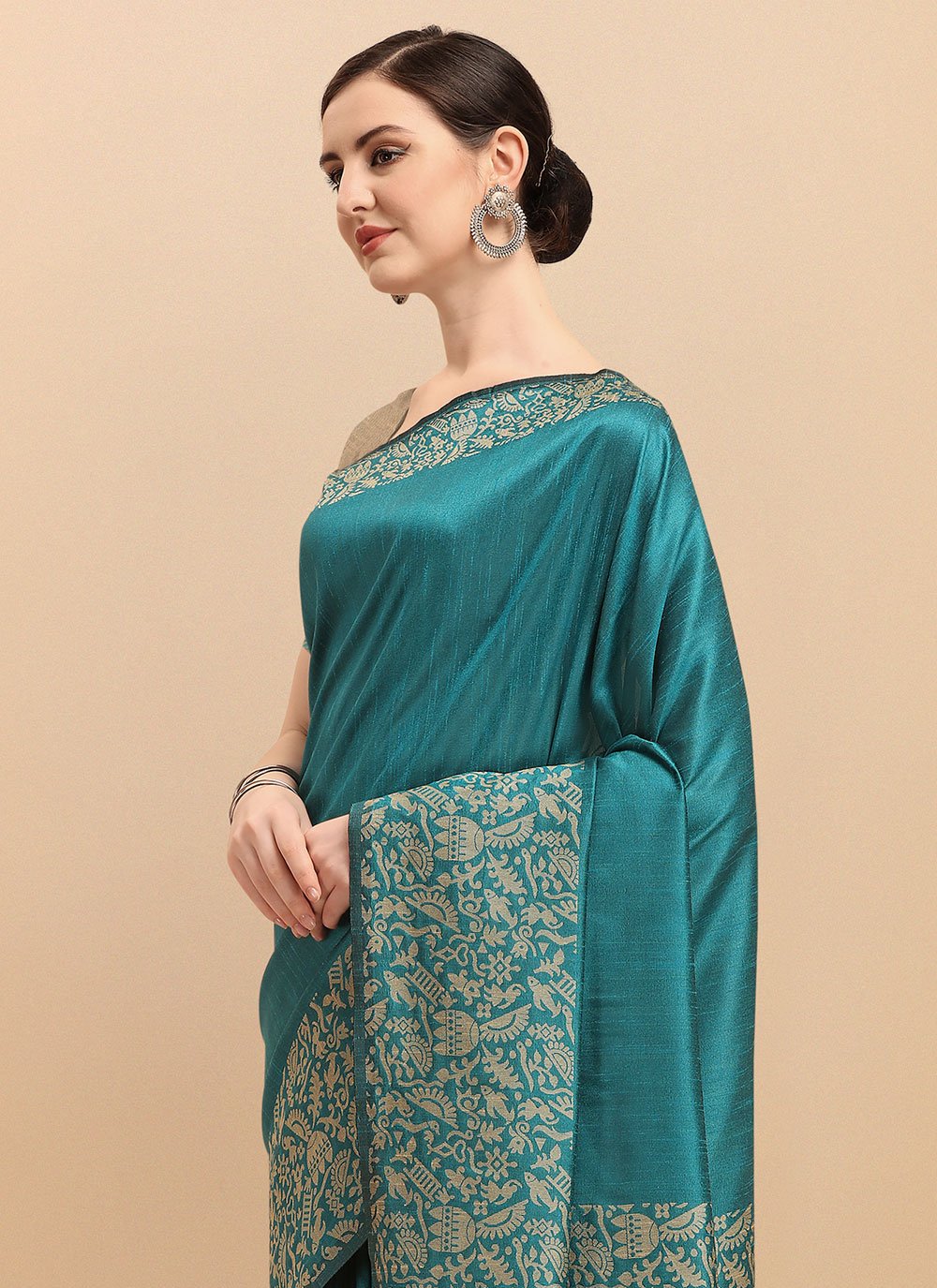 Classic Banglori Silk Raw Silk Teal Woven Saree