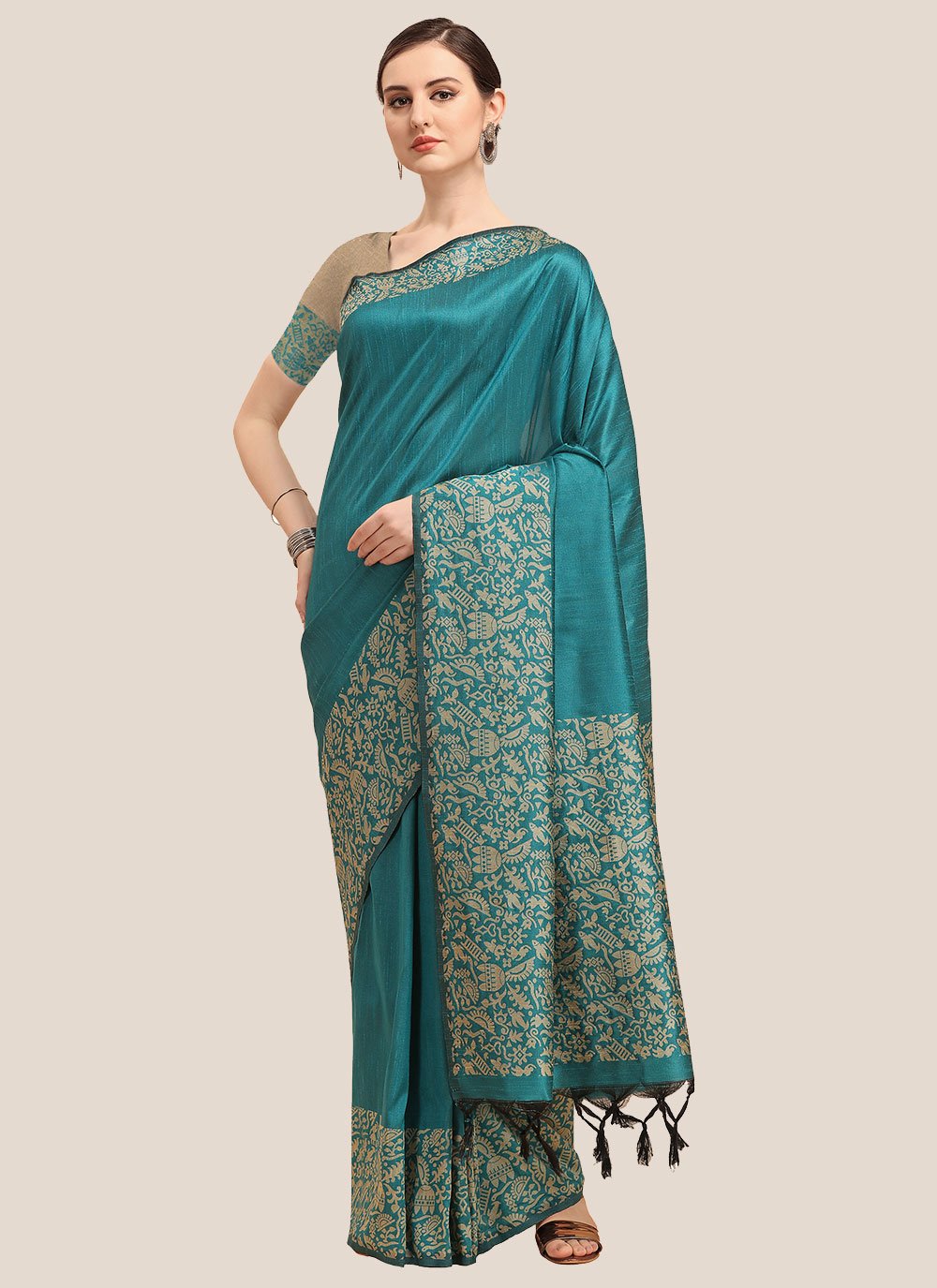 Classic Banglori Silk Raw Silk Teal Woven Saree