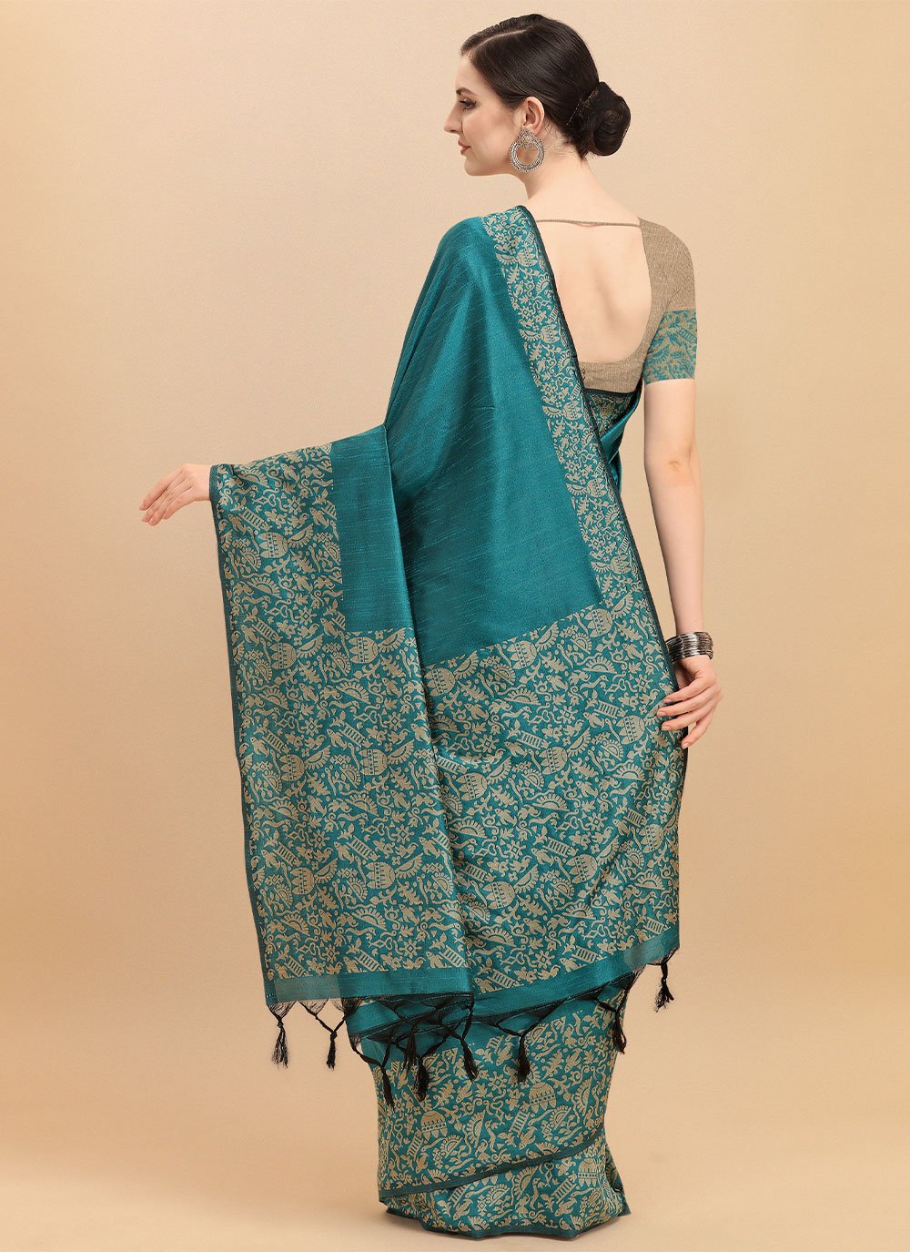 Classic Banglori Silk Raw Silk Teal Woven Saree