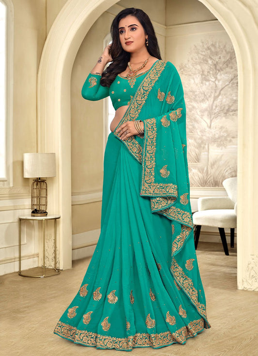 Contemporary Georgette Turquoise Stone Saree