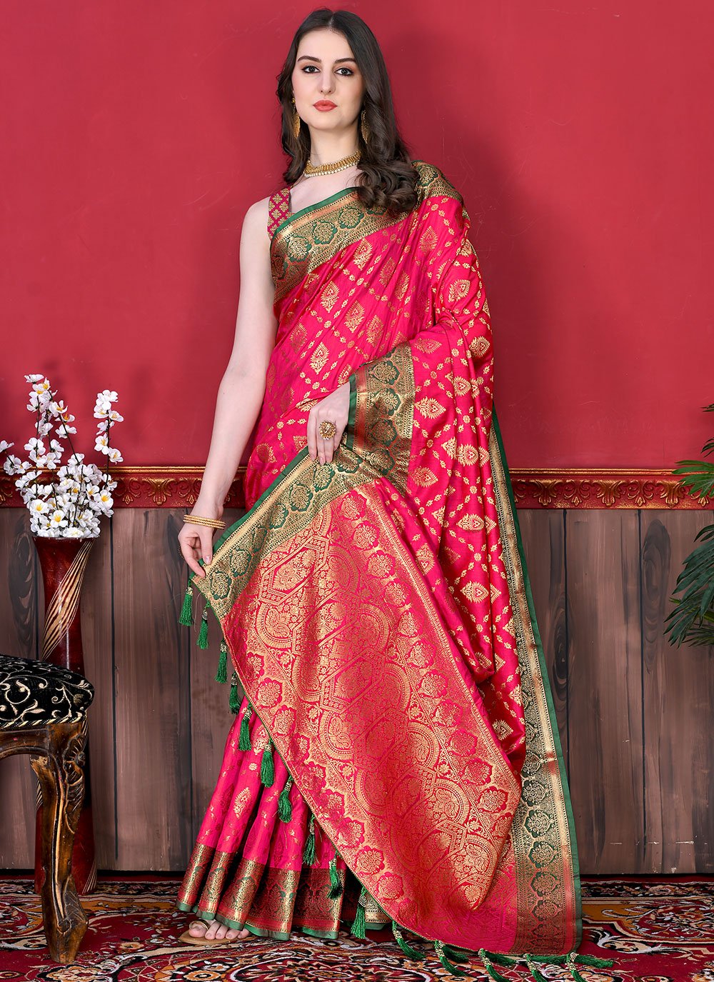 Contemporary Katan Silk Pink Patch Border Saree