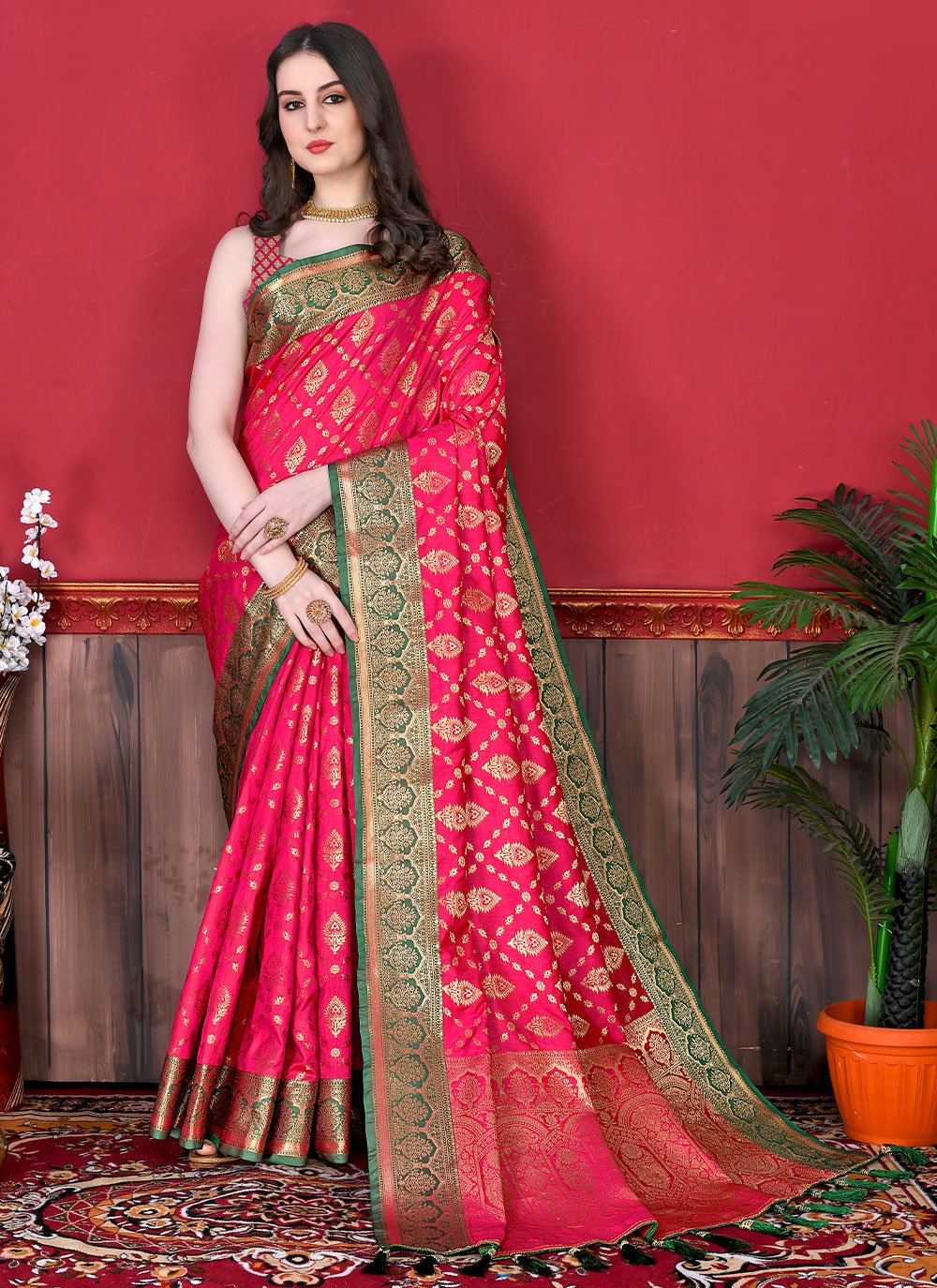 Contemporary Katan Silk Pink Patch Border Saree