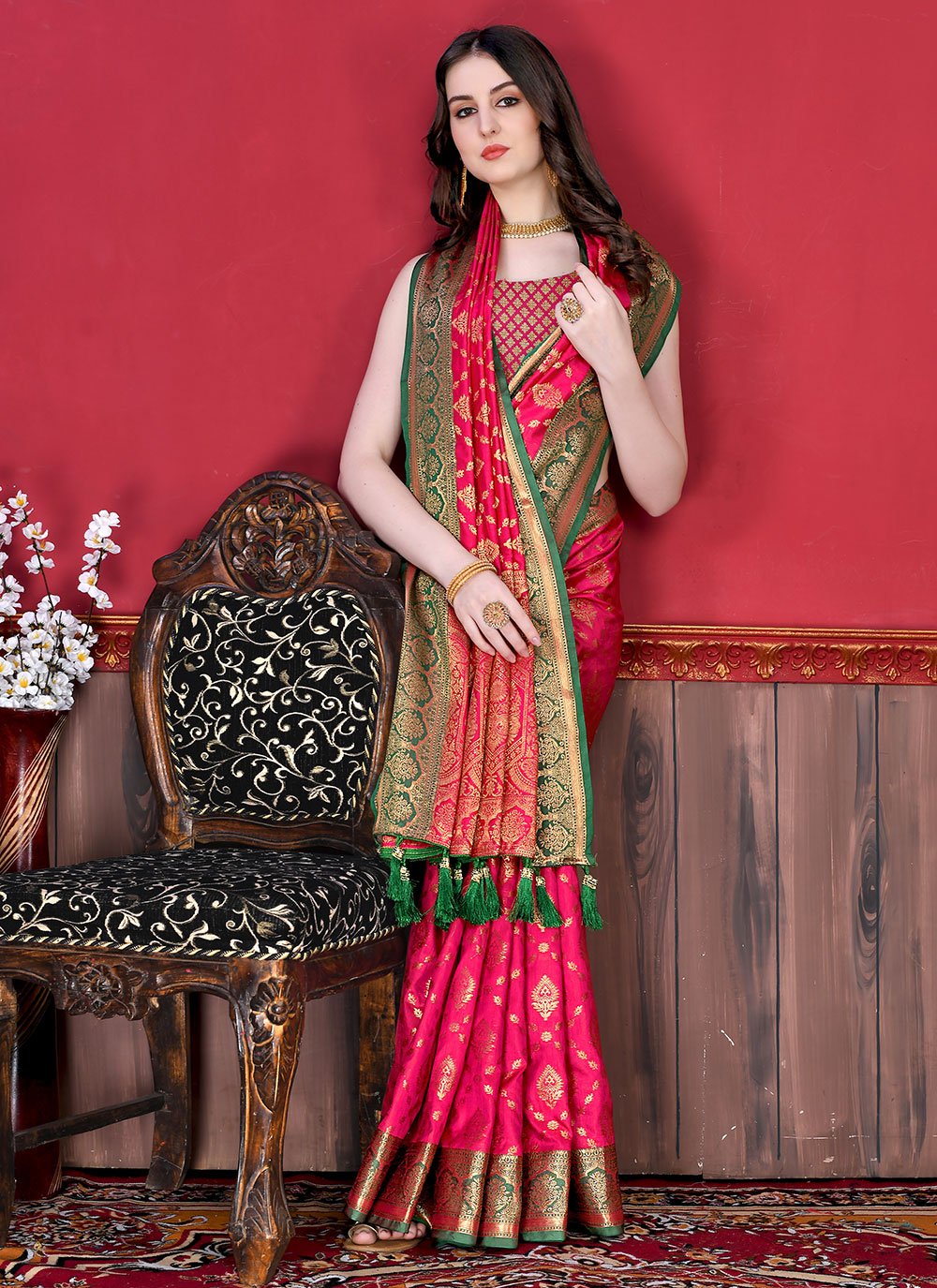 Contemporary Katan Silk Pink Patch Border Saree