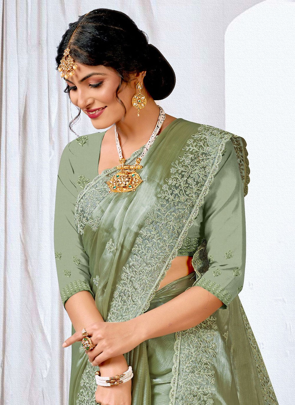 Contemporary Organza Sea Green Embroidered Saree