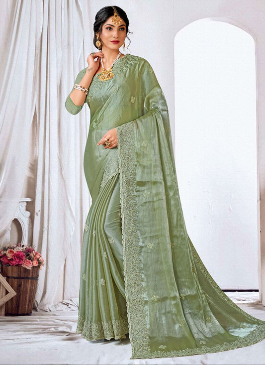 Contemporary Organza Sea Green Embroidered Saree