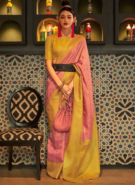 Contemporary Handloom Silk Mustard Pink Weaving Saree