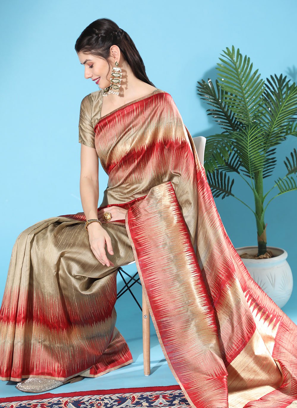 Contemporary Tussar Silk Beige Woven Saree