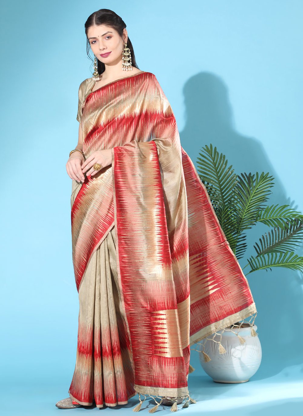 Contemporary Tussar Silk Beige Woven Saree