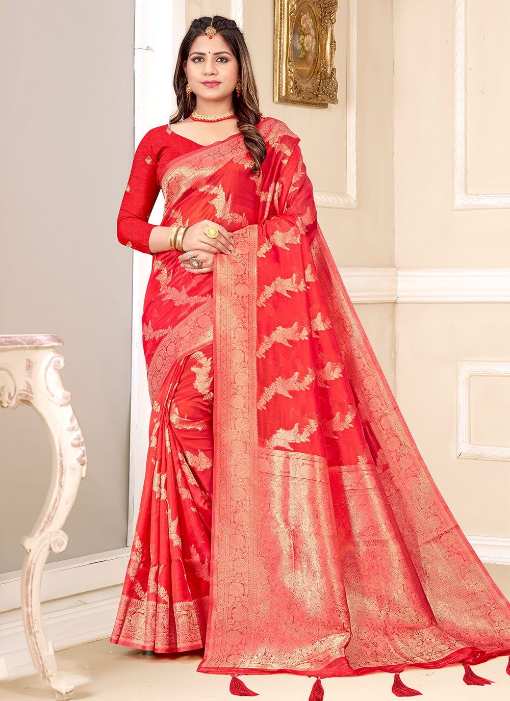 Contemporary Organza Red Zari Saree