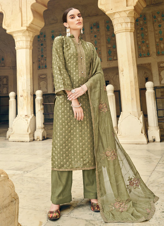 Straight Salwar Suit Cotton Green Embroidered Salwar Kameez