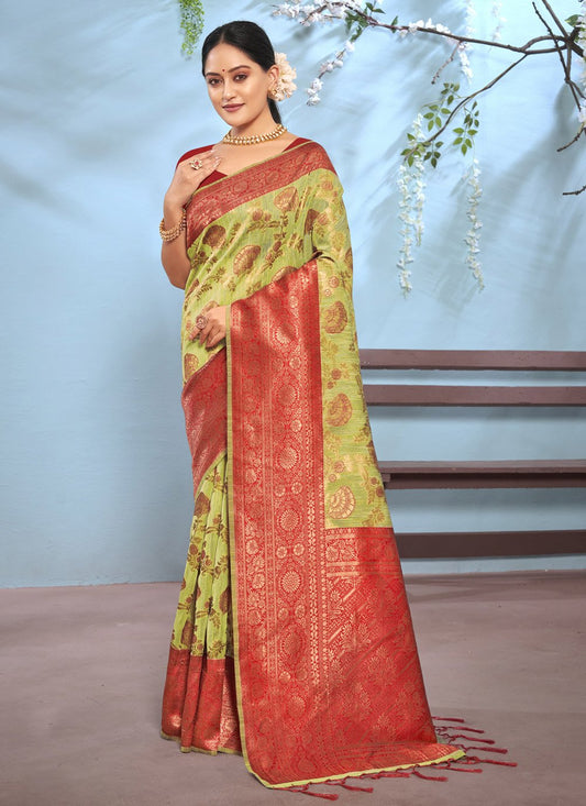 Trendy Saree Cotton Green Zari Saree