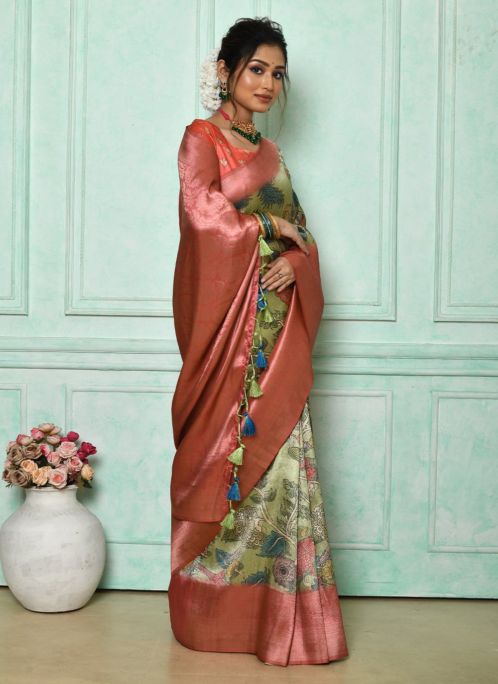 Contemporary Cotton Silk Green Print Saree