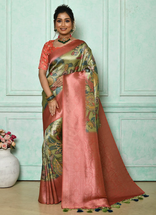 Contemporary Cotton Silk Green Print Saree