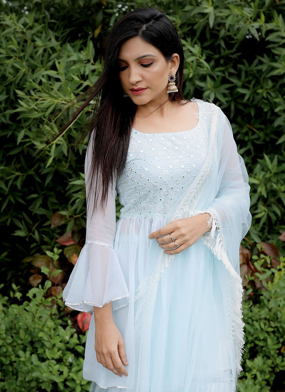 Trendy Suit Faux Georgette Aqua Blue Embroidered Salwar Kameez