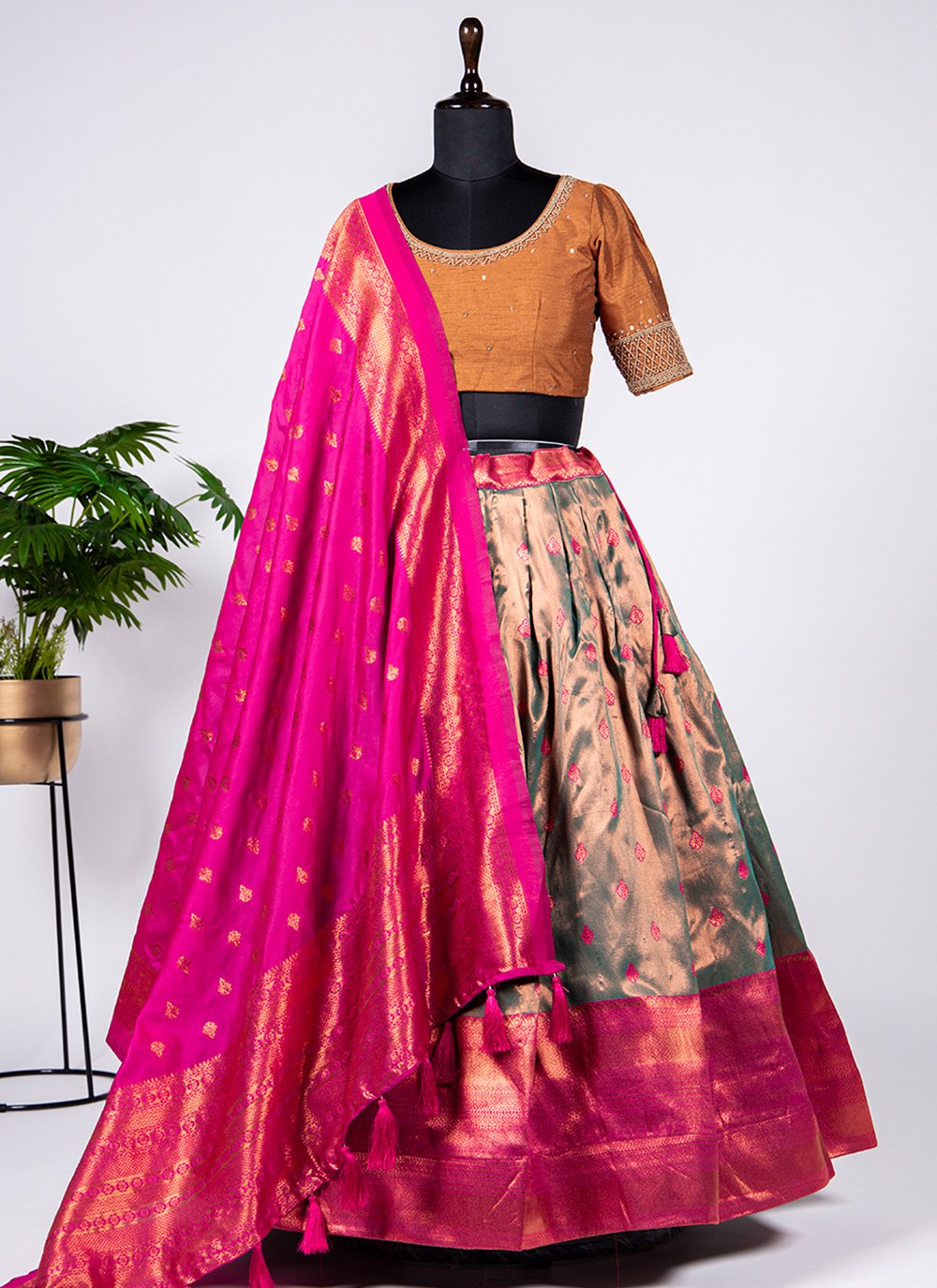 A Line Lehenga Jacquard Silk Beige Weaving Lehenga Choli